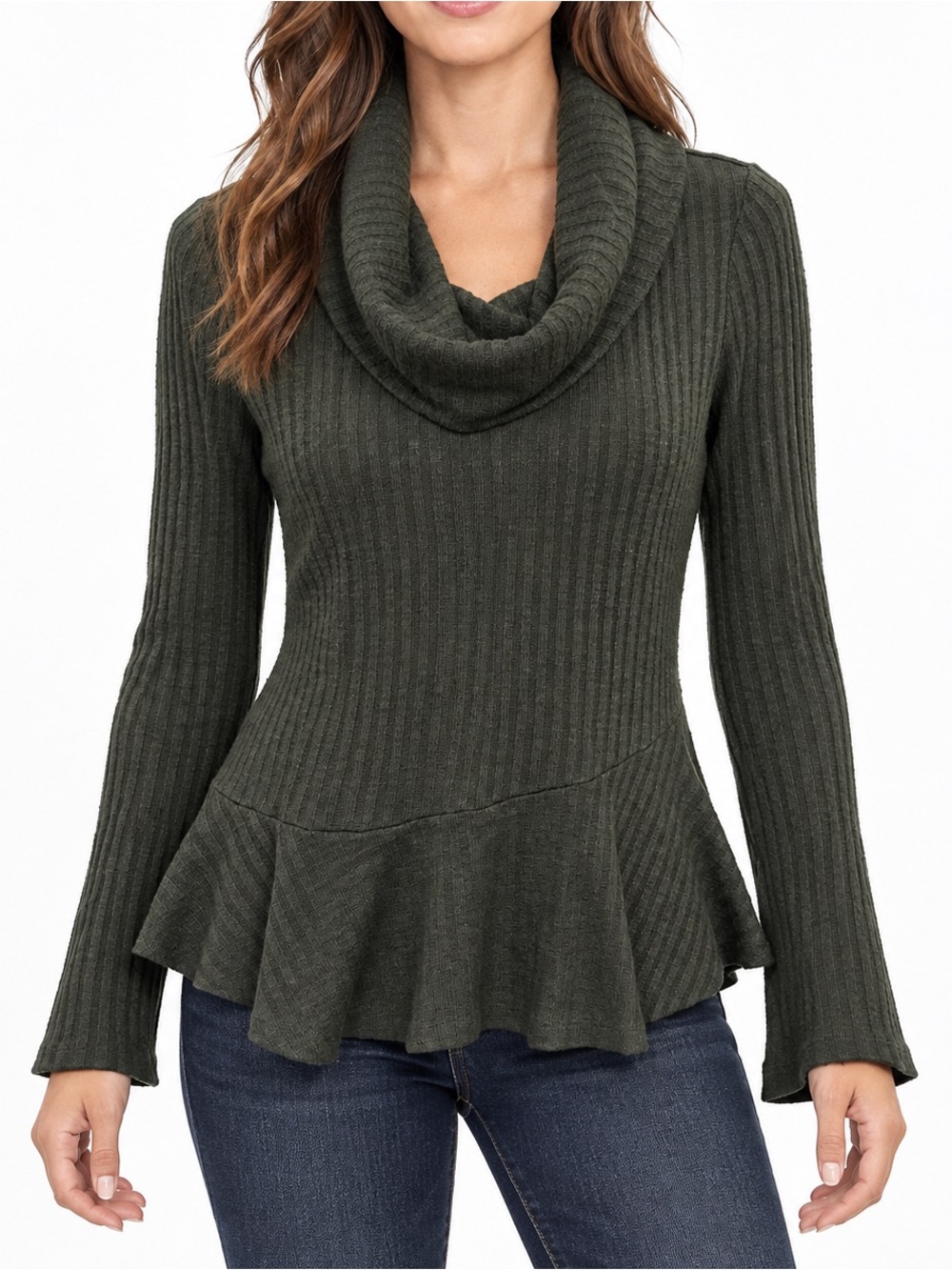 Maeve Anthropologie Winterscape Olive Peplum Cowl Sweater Small